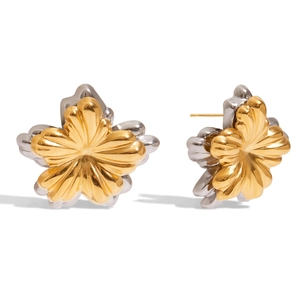 Minimalist bicolor stainless steel flower stud earrings with gold and silver petals
