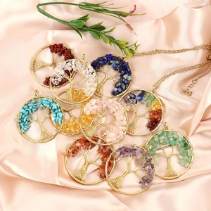 Handmade Tree of Life necklace with colorful natural crystal stones and gold wire wrap