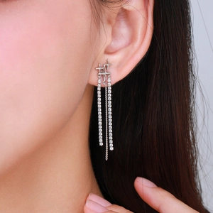 S925 sterling silver tassel earrings with glittering star pendant and CZ diamond chains