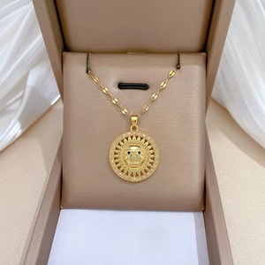 Sun Face Pendant Necklace Titanium Steel Copper Gold Plated Micro Inlaid Zircon Retro Elegant Fashion Jewelry Women