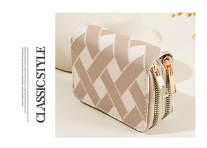 Detailed view of dual-zipper structure and striped geometric pattern on beige mini wallet