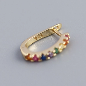 Gold S925 sterling silver U-shaped hoop earring with rainbow gemstones and 925 hallmark