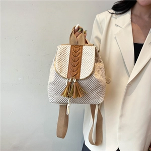 Fashion Straw Woven Backpack For Women Tassel Drawstring Summer Beach Vacation Casual Bucket Shoulder Bag PU Leather