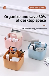 Three colorful plastic desktop organizers with handles for stationery and kitchen storage