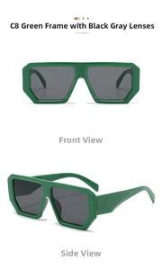 Front and side view of square oversized green sunglasses with dark grey lenses