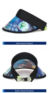Detailed side and back views of kids sun visor with 3D space astronaut prints and buckle