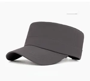 Detail view of quick-dry dark gray flat top military cap with breathable mesh texture