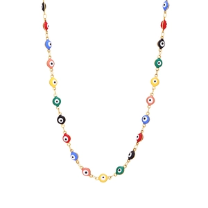 Golden stainless steel chain necklace with colorful evil eye enamel beads on white background