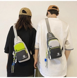 Detailed view of casual crossbody bags with mesh textures and adjustable straps for couples