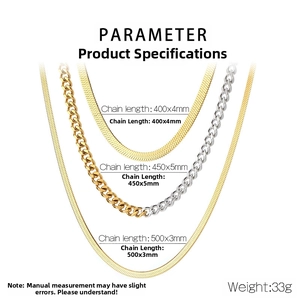 Detailed parameter display of layered stainless steel Cuban and snake chain necklaces
