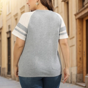 Back view of a plus-size V-neck T-shirt with gray striped raglan sleeves and soft cotton texture