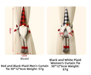 Detailed size view of Christmas gnome curtain tiebacks in red and white buffalo plaid