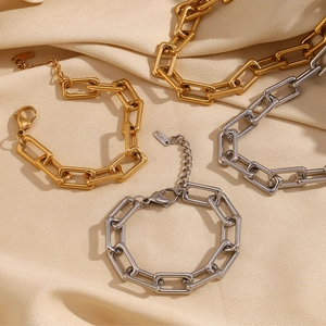 Minimalist 18K gold and silver rectangular link chain necklace and bracelet jewelry