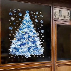 Blue and white Christmas tree static window cling with golden snowflakes on glass