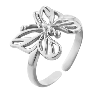 Close-up of the hollow butterfly design and 304 stainless steel texture on the open ring