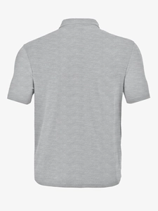Detailed back view of grey men's polo shirt featuring an intricate diamond jacquard pattern