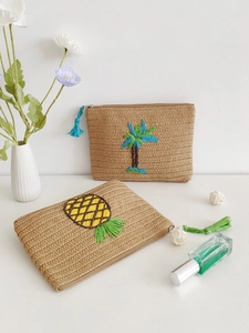 Straw Woven Clutch Bag For Women Summer Beach Vacation Handmade Embroidery Pineapple Palm Tree Pattern Envelope Pouch
