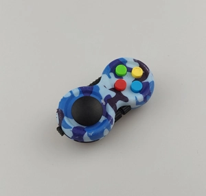 Top view of blue camouflage fidget pad controller toy with silicone buttons