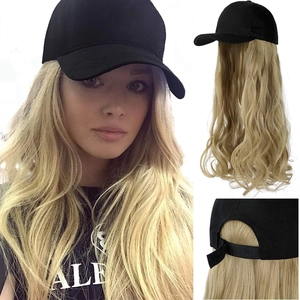 Multiple views of a black baseball cap with long wavy blonde hair extension for women