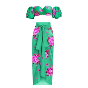 Three-piece floral bikini set with off-shoulder puff sleeve top and matching wrap skirt