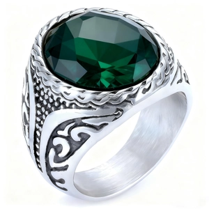 Vintage silver mens ring with large oval green gemstone and intricate bohemian engravings