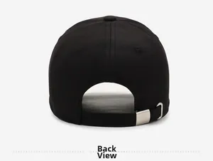 Detailed back view of black cotton baseball cap showing adjustable silver metal buckle