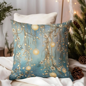 Blue Christmas pillow cover with gold Santa print on white fabric with pine cones