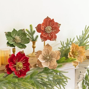 20cm velvet Christmas magnolia flowers with glitter edges for holiday tree decoration