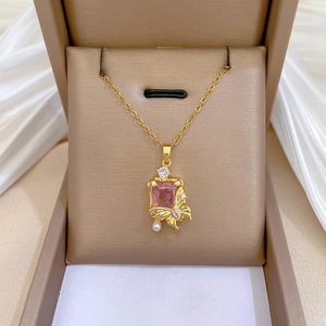 Butterfly Pendant Necklace Pink Zircon Gold Plated Stainless Steel Copper And Artificial Pearl For Women Temperament Jewelry