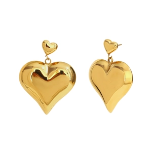 Polished 18K gold plated stainless steel double heart drop earrings for women