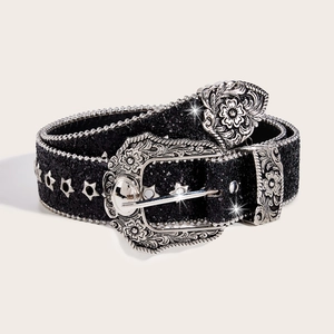 Western Retro Women PU Leather Belt With Star Rivets Floral Carved Alloy Pin Buckle Glitter Decorative Fashion Waist Strap