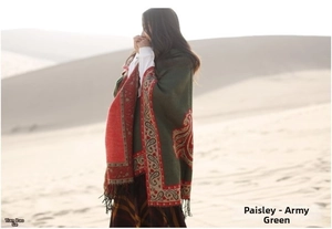 Army green paisley cashmere shawl with red ethnic patterns and decorative tassels