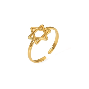 Detailed macro view of gold-plated Star of David open adjustable stainless steel ring