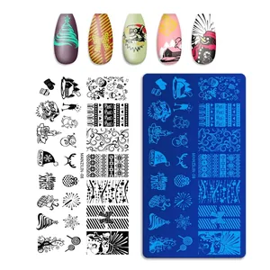 Close-up of snowflake and Santa nail stamping plate with festive Christmas patterns