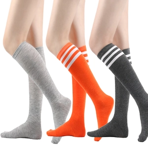 Detailed knit texture of three-stripe knee high socks in gray and orange colors
