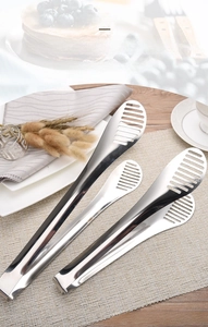 Detail of 410 food grade stainless steel kitchen tongs with hollow head design