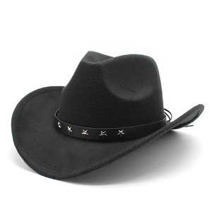 Detail of black cowboy hat featuring leather band and silver star metal rivets