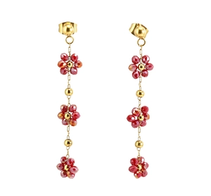 Détails de boucles d'oreilles fleur en cristal rouge avec chaîne en or 18 carats