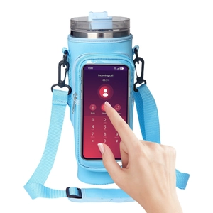 Light blue waterproof water bottle pouch with touchscreen phone pocket and strap