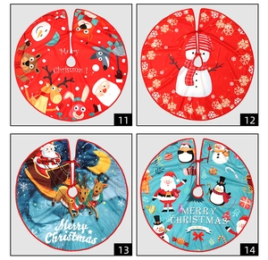 Four festive Christmas tree skirts with ties, featuring reindeer, snowman, and Santa prints