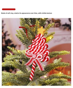 Macro shot of a red and white candy-striped clay Christmas tree ornament with a star