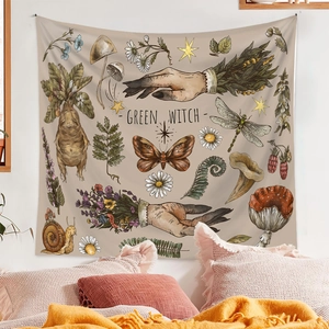 Detail view of Green Witch bohemian tapestry with botanical illustrations and vintage patterns