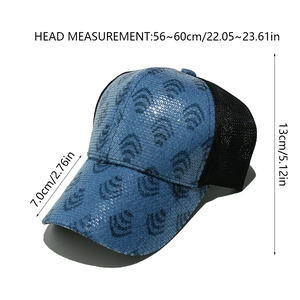 Detailed view of blue sequin baseball cap showing size measurements and mesh back