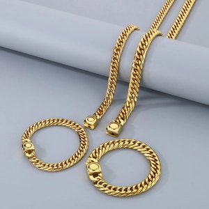 Ensemble bijoux chaîne à maillons gourmette dorée avec collier et bracelet pour homme