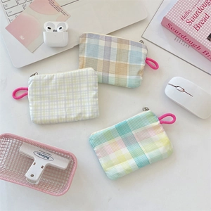 Mini floral checkered coin pouch with elastic loop for earphones and lipstick storage