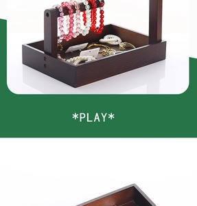 Macro detail of solid wood jewelry display stand with retro grain and U-shaped hanging bar