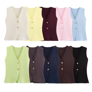 Multi-color V-neck knit vests set featuring button-up front in ten vibrant essential tones