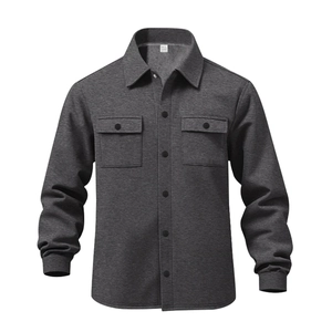Detailed view of dark grey men jacket featuring button-down collar and chest pockets