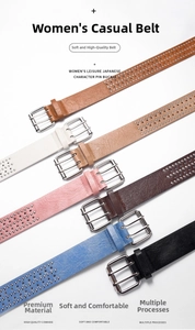 Detail of high quality cowhide leather belts with star hollow rivets and double pin buckles
