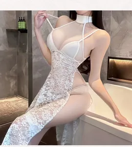 Detailed view of white floral lace lingerie dress with high slit and sheer mesh panels
